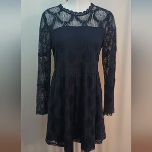 Xhilaration Navy Blue Lace Boho Long Sleeve Dress Women's Size M Zip